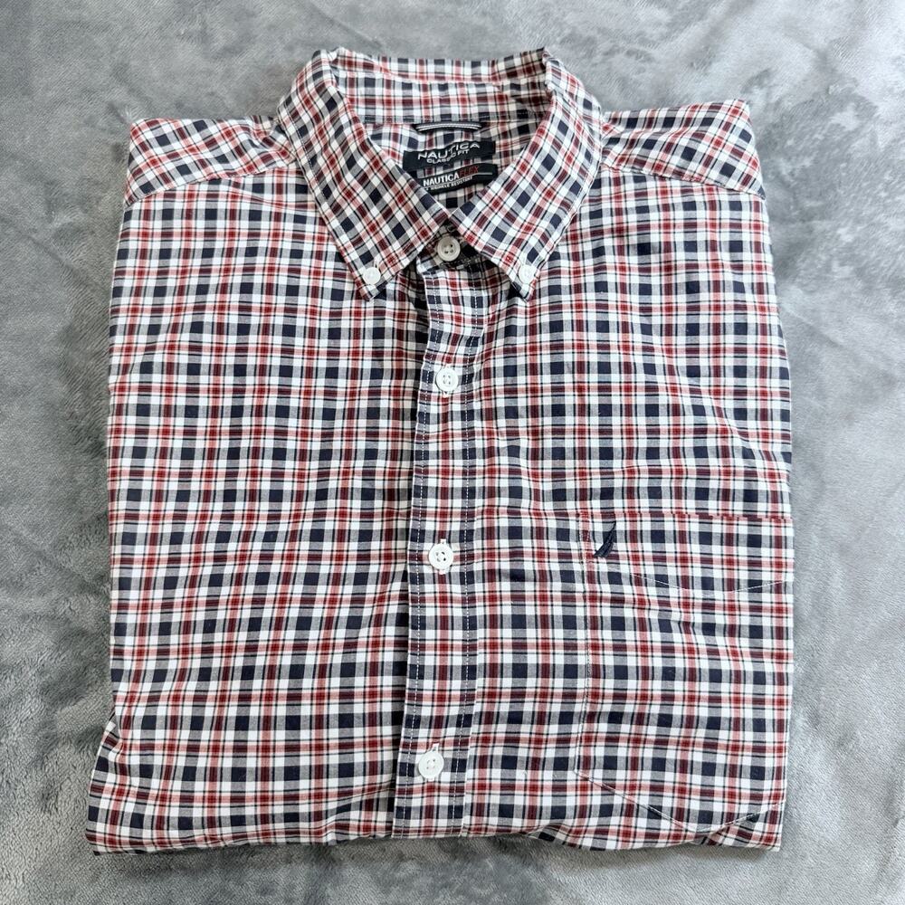 Nautica Classic Fit Plaid Wrinkle Resistant Button Down Shirt Mens XL Blue Red